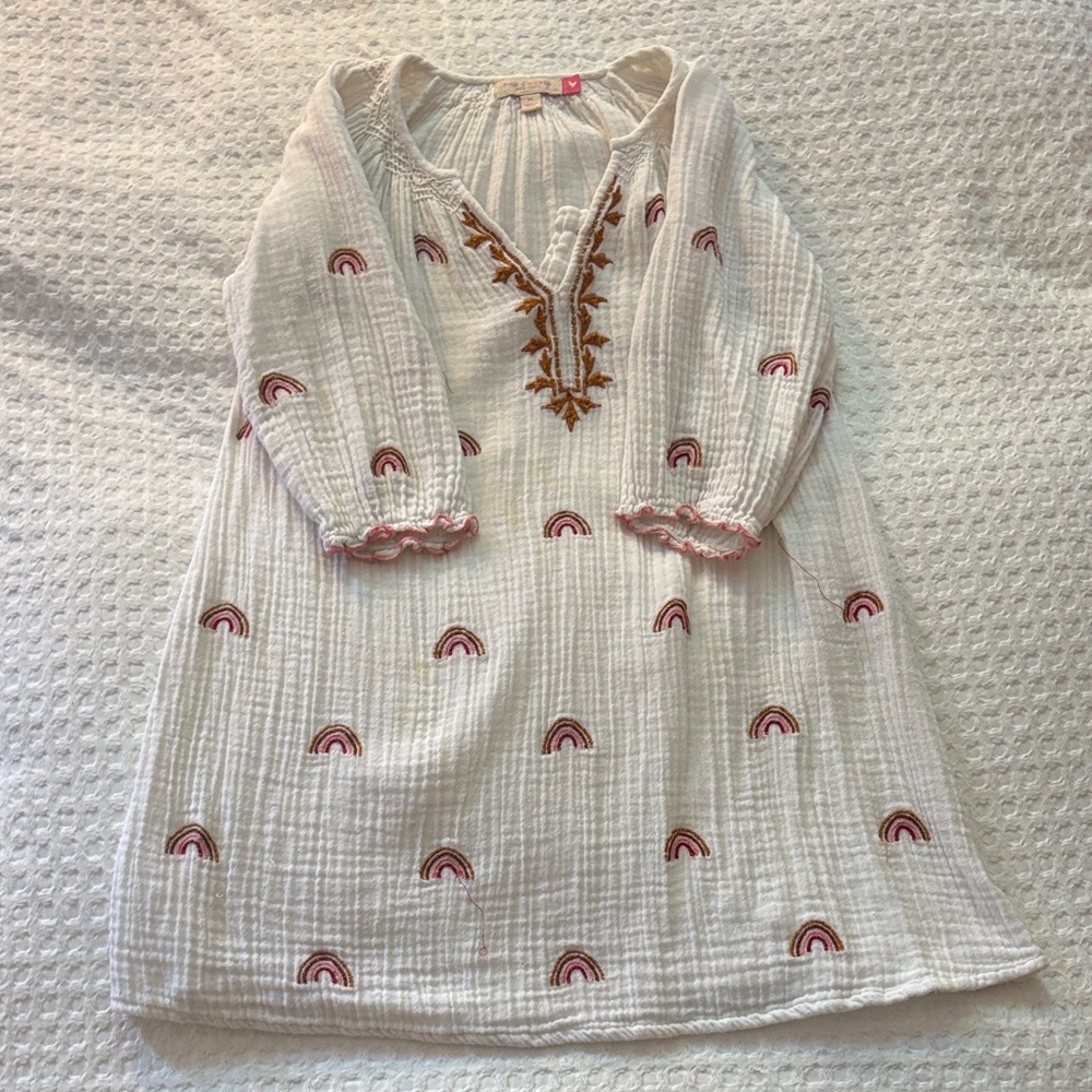Pink Chicken White Dress with Rainbow Accents